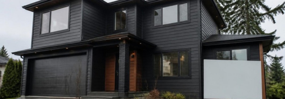 A freshly renovated house exterior with a blank sign post on the lawn.