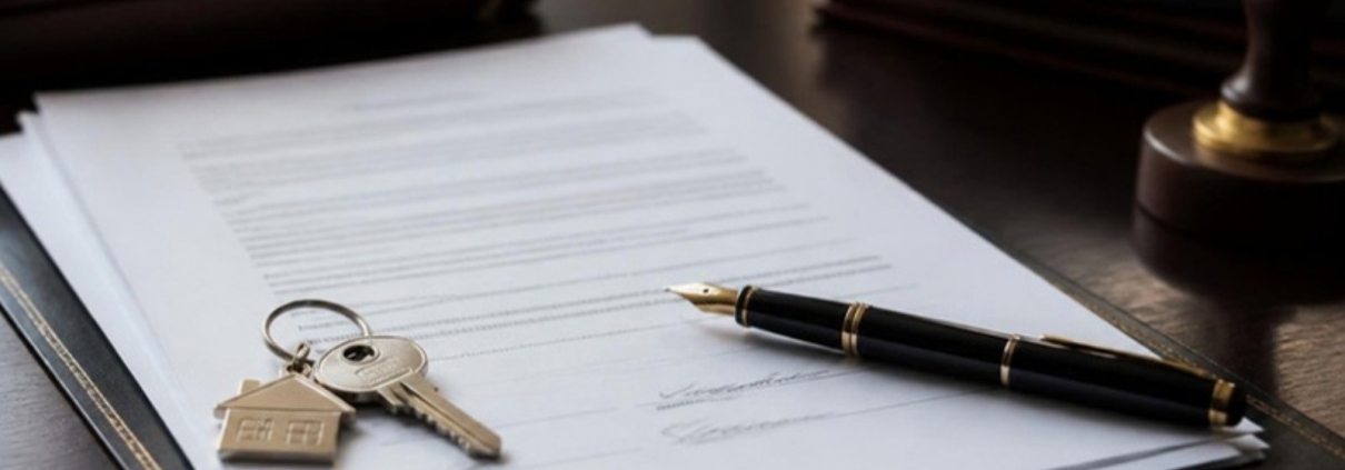 A signed document and house keys on a notary's desk with a pen.