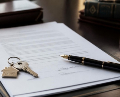 A signed document and house keys on a notary's desk with a pen.