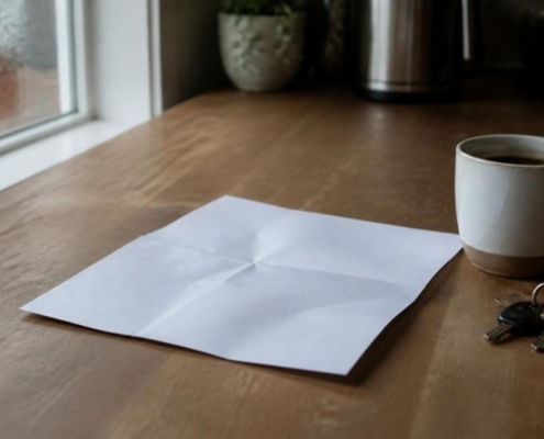 A printed notice on a kitchen counter beside a set of keys and a mug.