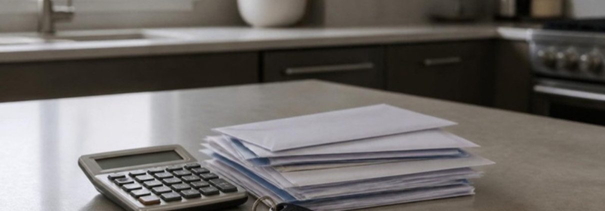 A stack of invoices, a calculator and keys on a kitchen island.
