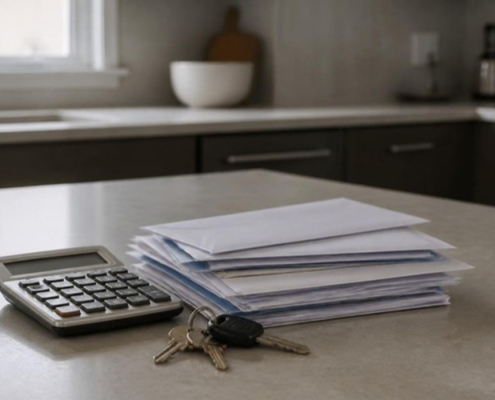 A stack of invoices, a calculator and keys on a kitchen island.