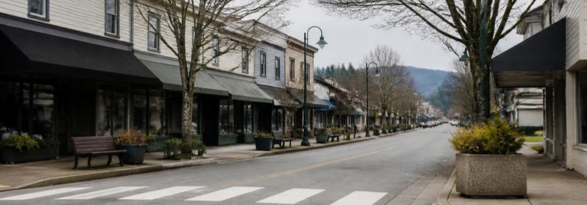 A small village shopping street with low storefronts, awnings and planters.