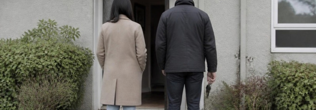 Two people seen from behind at the open front door of a townhouse.