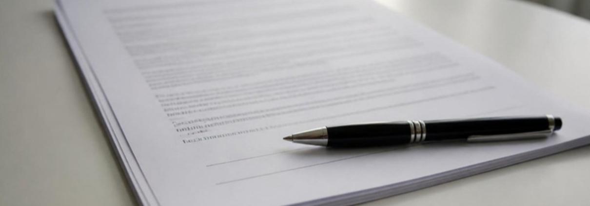 An agreement on a table with a pen resting on the signature line.