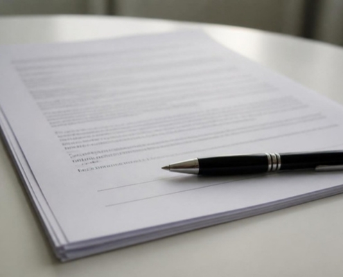 An agreement on a table with a pen resting on the signature line.