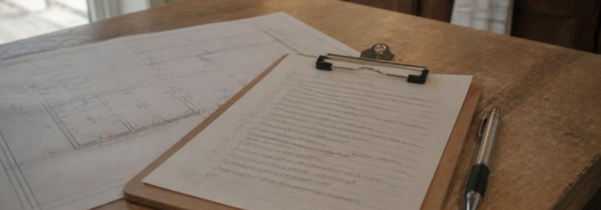 A clipboard with a handwritten list and a pen on a kitchen table.