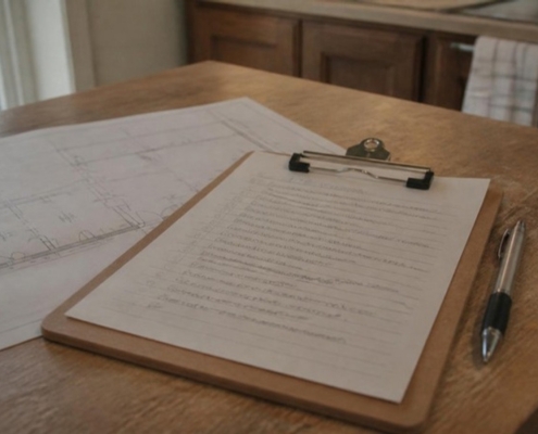 A clipboard with a handwritten list and a pen on a kitchen table.