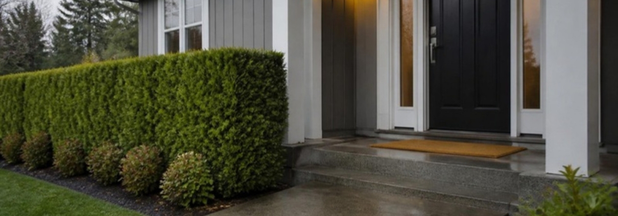A tidy house entrance with a swept walkway, trimmed hedge and new doormat.