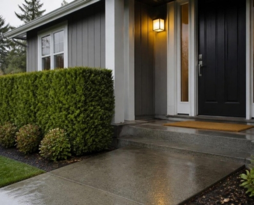 A tidy house entrance with a swept walkway, trimmed hedge and new doormat.