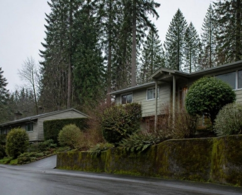 A street of split-level houses on a forested hillside under tall evergreens.