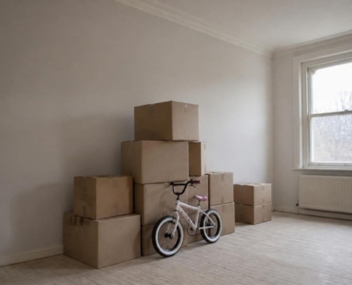 Moving boxes in an empty living room with a child's bicycle beside them.