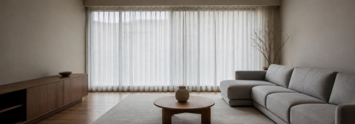 An empty staged living room with neutral furniture and sheer curtains.