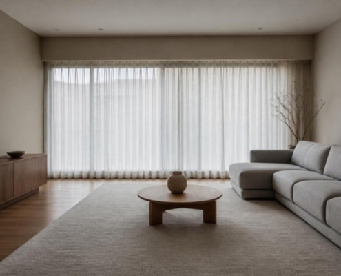 An empty staged living room with neutral furniture and sheer curtains.
