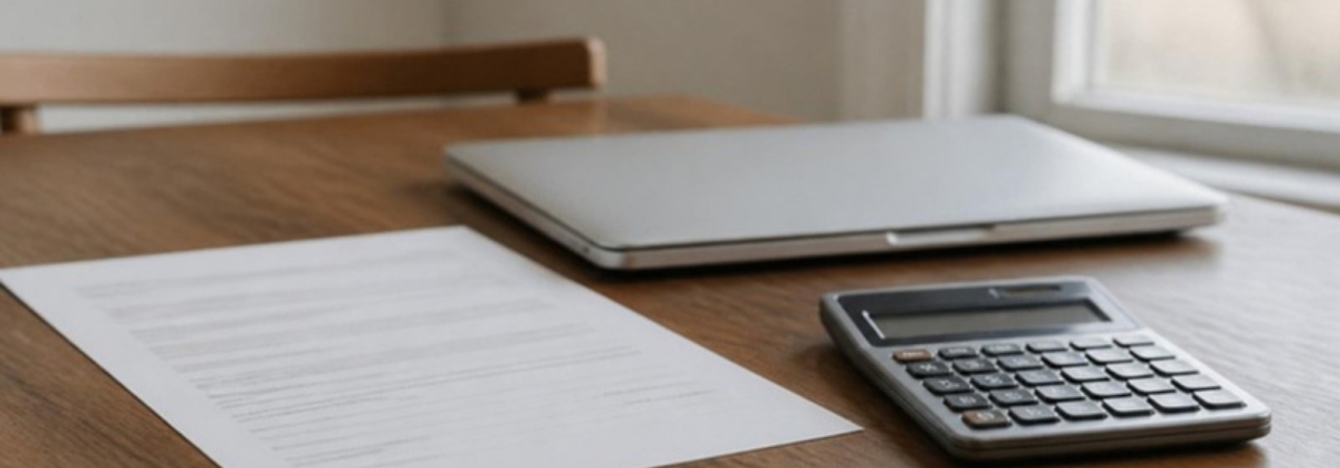 A lender's letter, a calculator and a laptop on a dining table.