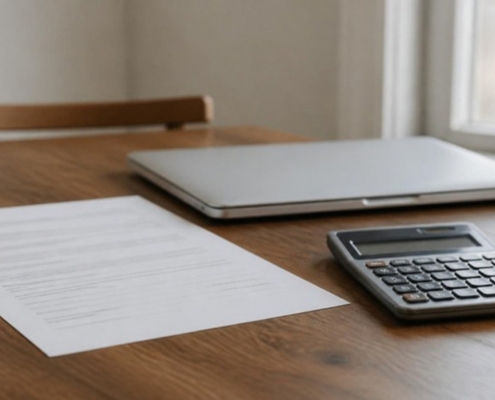 A lender's letter, a calculator and a laptop on a dining table.